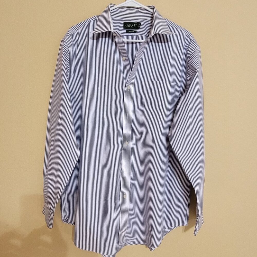 Lauren Ralph Lauren Mens Non-Iron Striped Dress Shirt Blue/White‎ 17